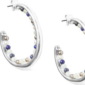 NWT LUCKY BRAND 1.5" SILVER INSIDE BEADED HOOP EARRINGS BLUE l PEARL l WHITE